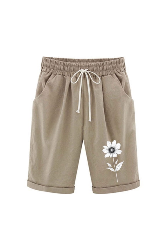 High Rise Bermuda Shorts for Women Loose Lounge Athletic Shorts Cotton Linen Dandelion Print Short Pants Casual Summer Shorts for Beach Yoga Outfits with Pockets