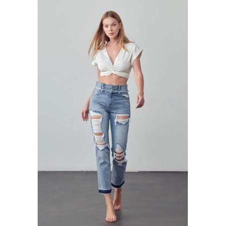 High Rise Double Waistband Released Hem Jeans