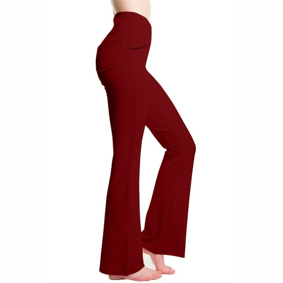 High Rise Flare Leggings Women Yoga Workout Gym Fitness Long Pants with Pockets Solid Stretch Casual Sweatpants (X-Small, Wine)