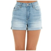DRINDF STORE High Rise Jean Shorts for Women Casual Cuffed Denim Shorts Stretchy Folded Hem Straight Hot Short Jeans