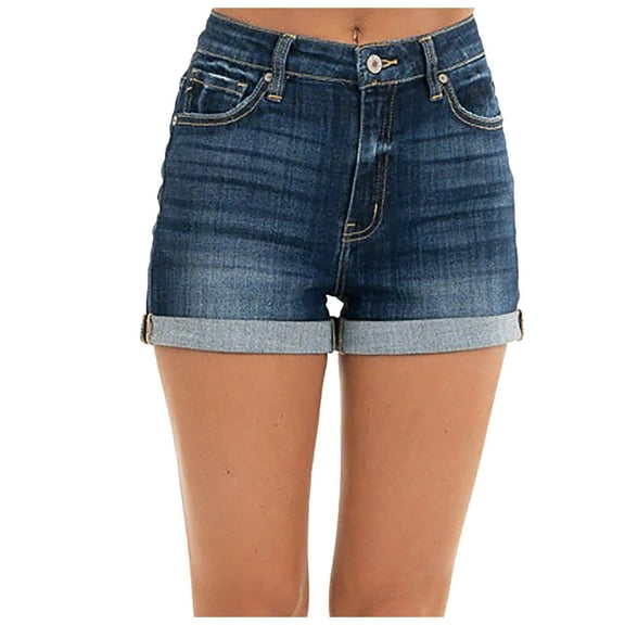 High Rise Jean Shorts for Women Casual Cuffed Denim Shorts Stretchy Folded Hem Straight Hot Short Jeans