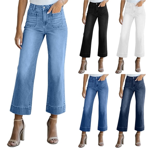 High Rise Slimming Jeans Washed Straight Leg Stretch Denim Pants Solid Color Elastic Waistband Button Zip Casual Trousers with Pockets