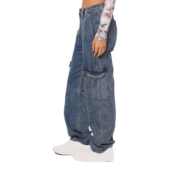 High Rise Straight Leg Jeans for Women Women's Casual Mid Waist Cargo Jeans Stretch Wide Leg Denim Pants with Pockets S-16 Blue XL