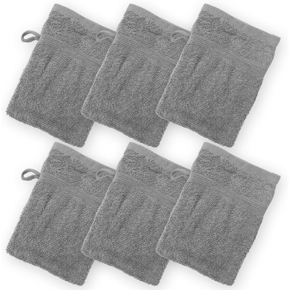 High Rise Stripe 6 Pack 6 x 8.5 Wash Mitt Set, Low Twist, Highly Absorbent, Gentle Hand and Face Cloth, European Style with Loop, Grey