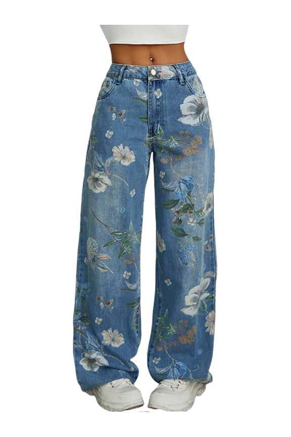 High-Rise Vintage Floral Straight Leg Pants for Women Summer Casual Denim Pants Blue M