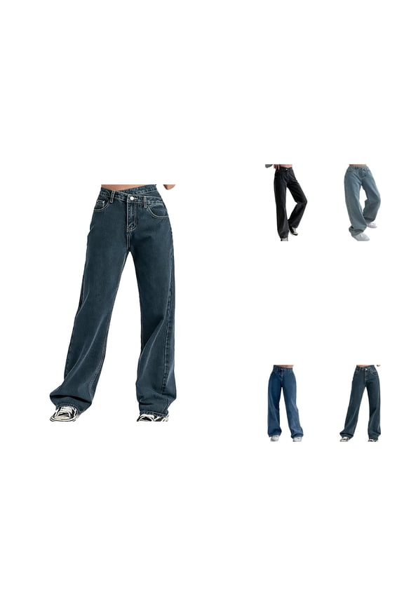 High Rise Wide Leg Jeans for Women High Waisted Denim Pants with Button Pockets, Straight Leg Boyfriend Style Casual Summer Bottom