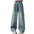 thumbnail image 1 of High Rise Wide Leg for Teen Girls School Uniform Cargo Pants with Multi-Pocket Washed Elastic Waist Pull On Jeans Loose Casual Trousers, 1 of 7