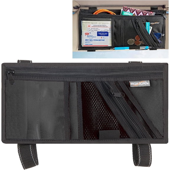 High Road Car Visor Organizer with Secure Zip Pockets, Sunglasses Holder and Clear Registration and Insurance Pocket