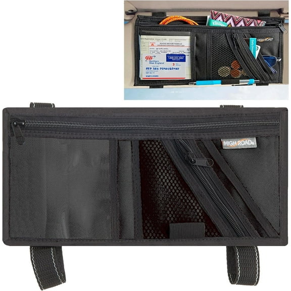 High Road Car Visor Organizer with Secure Zip Pockets, Sunglasses Holder and Clear Registration and Insurance Pocket