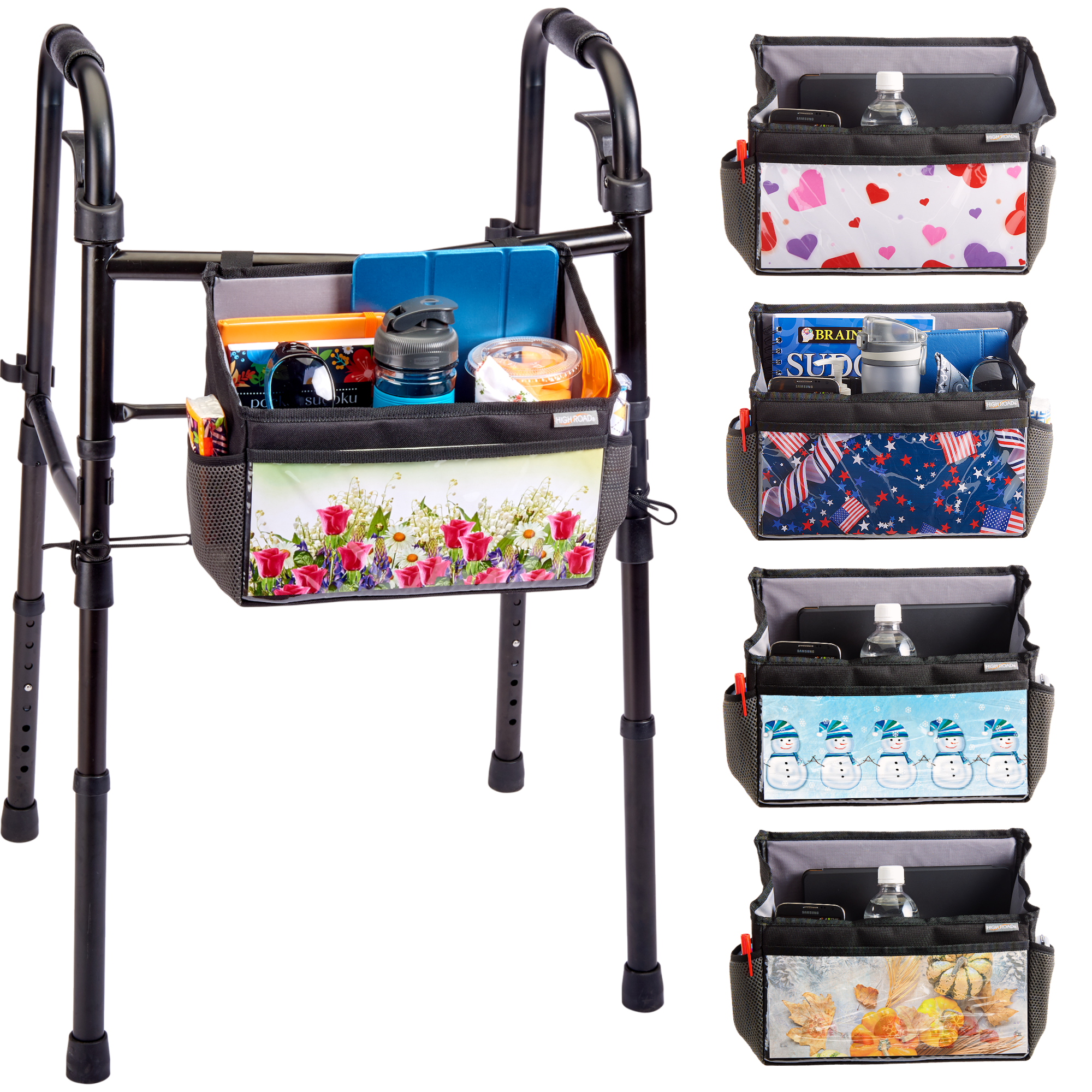 High Road Walker Bag with Clear Front Storage and Photo Pocket - Walker Basket for Folding Walker With Insulating Neoprene Cup Holder, 4 Storage Pockets and 5 Decorative Picture Inserts