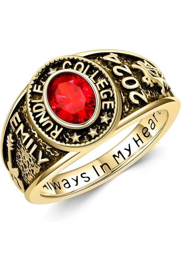 High School College Class Ring for Men and WoMen Peralized Birthstone Ring Customized Graduation Ring in 10K/14K/18K Gold/Sterling Silver Size 4-15 (With Gift Box)