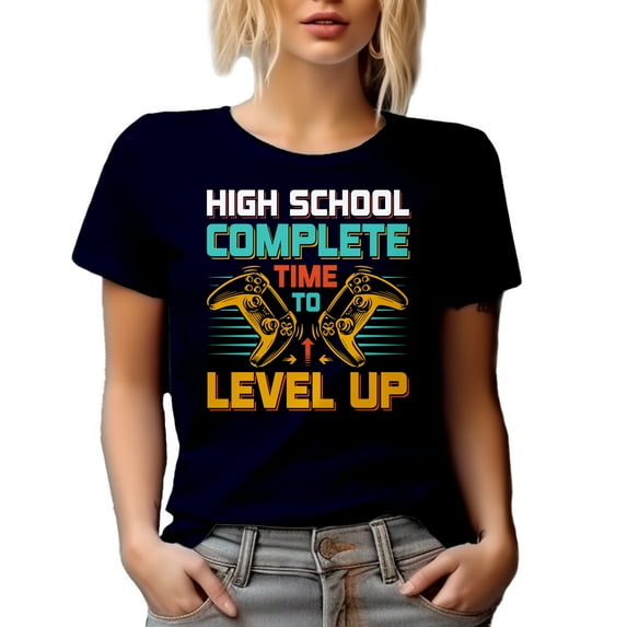 High School Complete, Time to Level Up - Gamer Student Graduation, Navy Blue T-Shirt, 2XL
