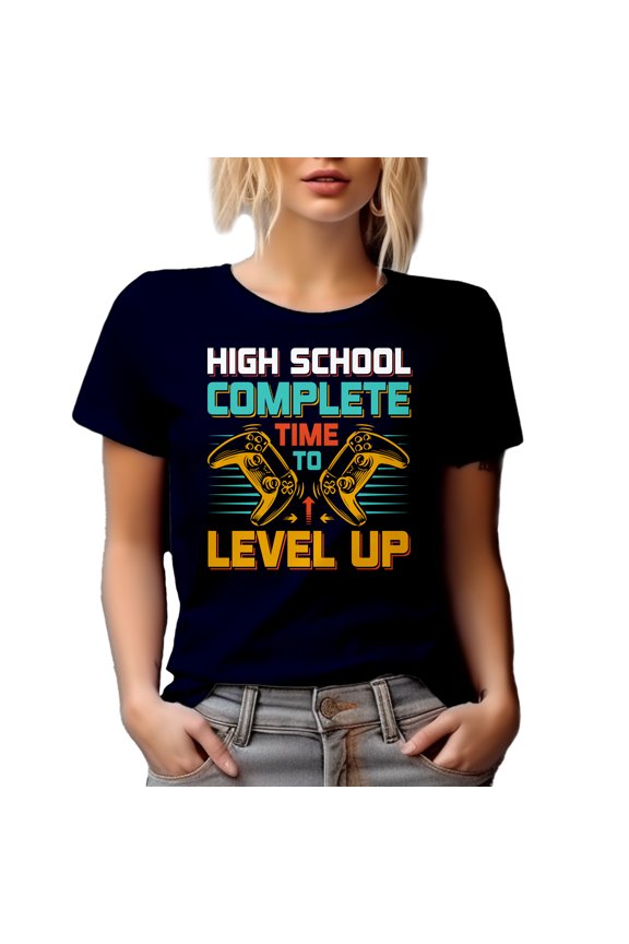 High School Complete, Time to Level Up - Gamer Student Graduation, Navy Blue T-Shirt, Large
