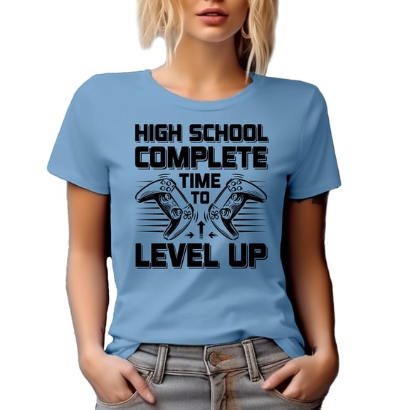 High School Complete, Time to Level Up, Video Gamer Student Graduation, Baby Blue T-Shirt, 2XL