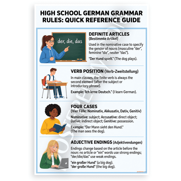 High School German Grammar Rules Quick Reference Guide Educational 12x18 US Made Poster