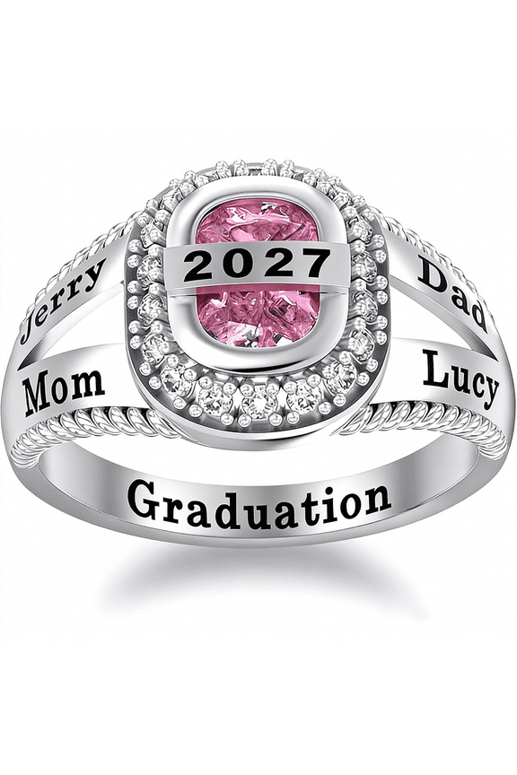 High School Graduation Class Rings, Customizable Silver Ring with Unique Birthstone, 2026 High School College Student Graduate Graduation Jewelry Mementos for Men & Women(Style 3-silver)