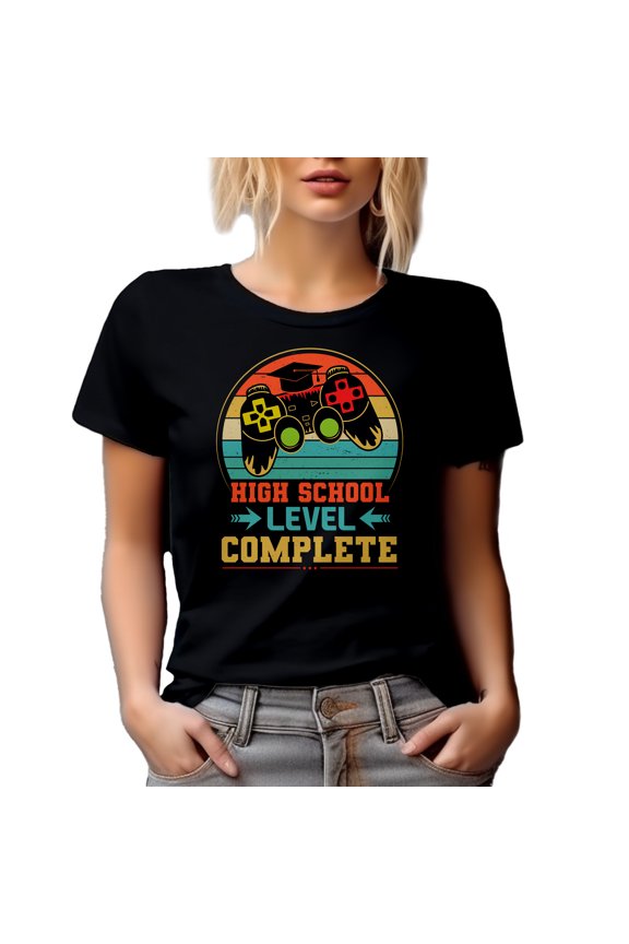 High School Level Complete feat. a Game Controller, Video Gamer Student Graduation, Black T-Shirt, XL