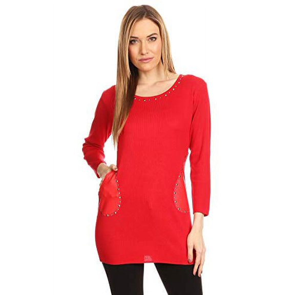 High Secret Women's Solid Color Long Sleeve Shirt with Leather Looking Pockets