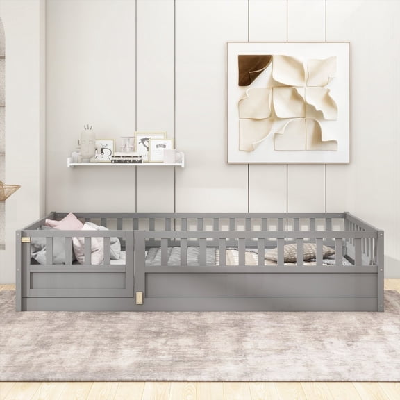 High Security Twin Size Floor Bed with Montessori Design|Solid Pine Structure|Grey