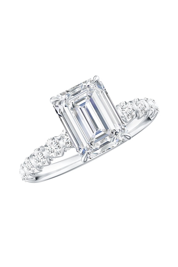 High Set Engagement Ring with Emerald Cut Moissanite - 6X8 MM, 2 Ct, D-VS1 Grade, 10K White Gold, US 8.00