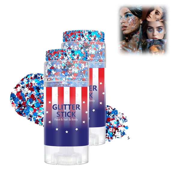 High-Shine Glitter & Sequins – Red, White & Blue Star-Shaped Glitter Stick for Face & Body; Patriotic 250th Celebration & Sports-Themed Makeup(C,2PCS)