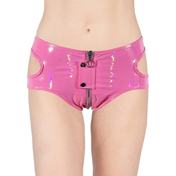 High Shine Leather Sexy Zipper Open Crotch Shorts for Nightclub Wear Women's Fashion for Party Style and Night Out Activities