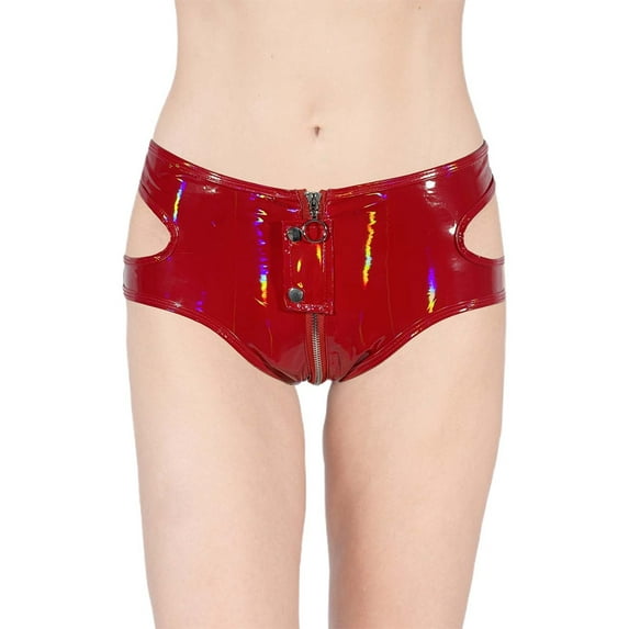 High Shine Leather Sexy Zipper Open Crotch Shorts for Nightclub Wear Women's Fashion for Party Style and Night Out Activities