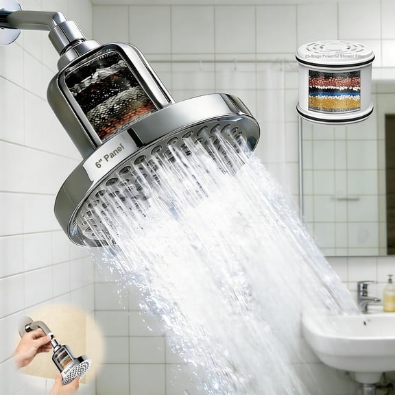 High  Shower  with Filters: Fixes Low  & Rust Water for Old Apartments - 6" Hard Water Filtered Showerhead Removes Chlorine Easy Twist- Install for Dorm Renter