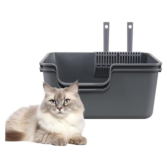 High Side Plastic Litter Boxes, Grey Cat Litter Basin Set of 2, Open Litter Pan with