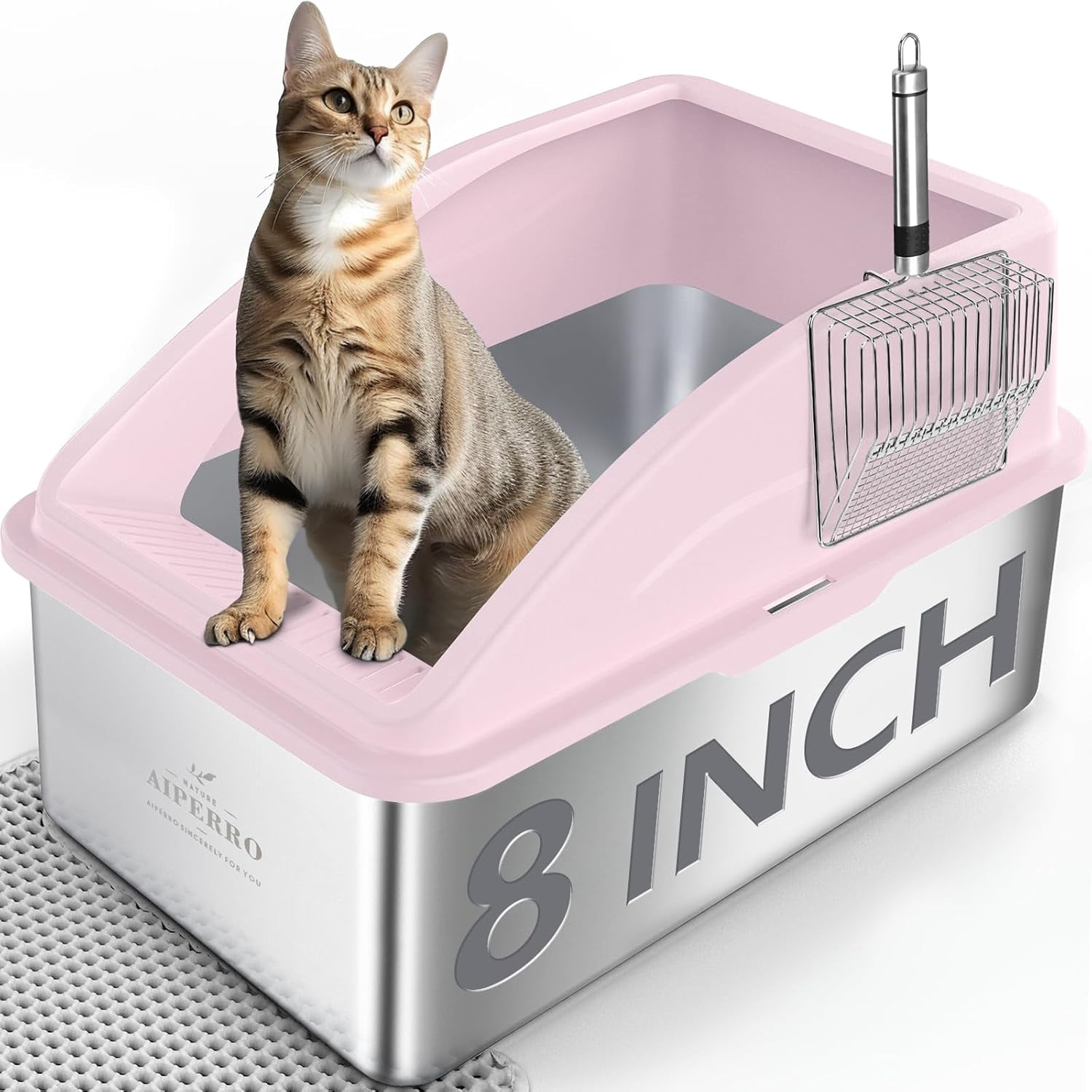 High Sided, Anti-Urine Leakage Stainless Steel Litter Box, XL Enclosed Cat Litter Boxes with Lid for Big Cats, Non-Stick Bottom, Includes Litter Mat & Metal Scoop