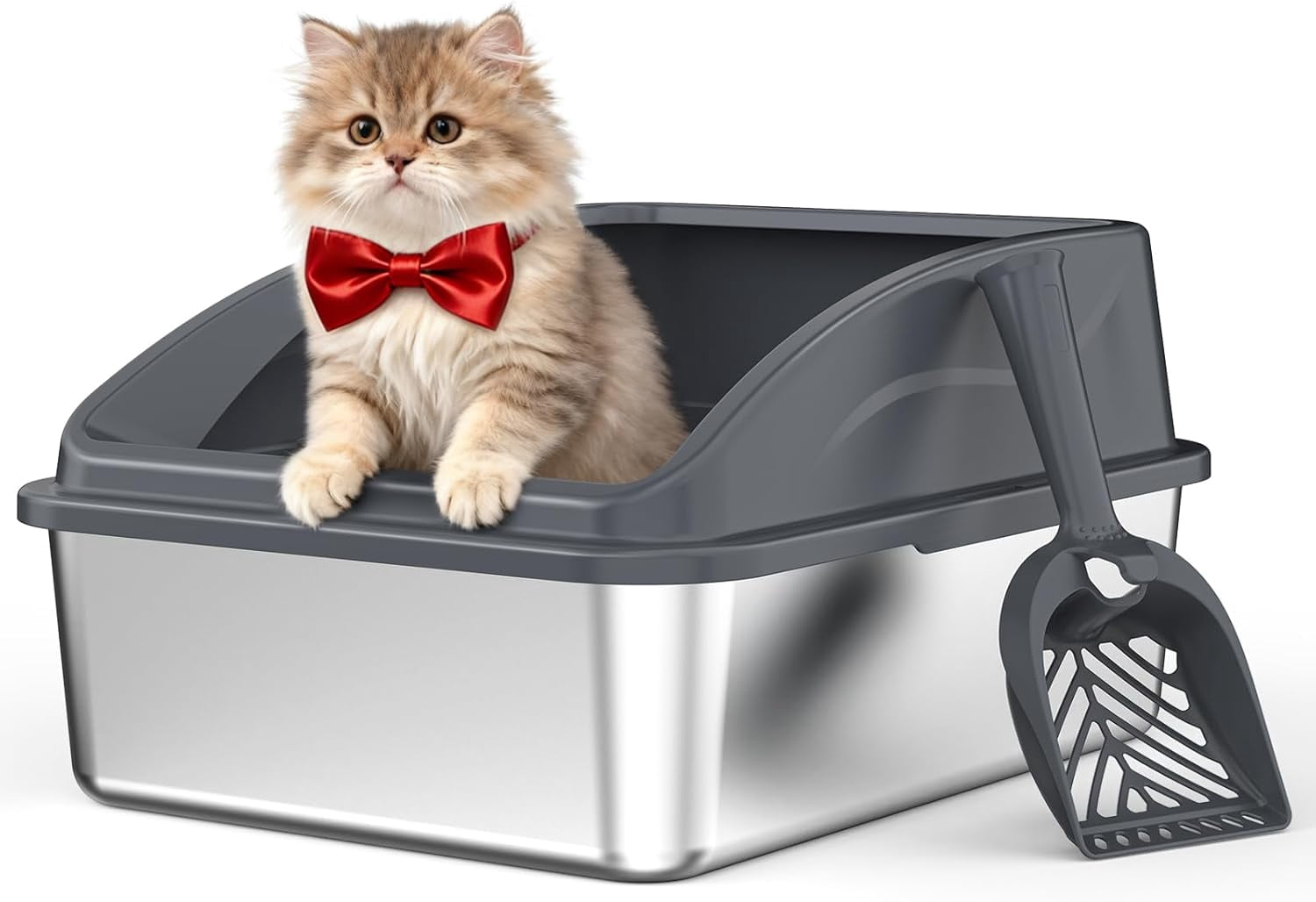 High Sided, Anti-Urine Leakage Stainless Steel Litter Box, XL Enclosed Cat Litter Boxes with Lid for Big Cats, Non-Stick Bottom, Includes Litter Mat & Metal Scoop
