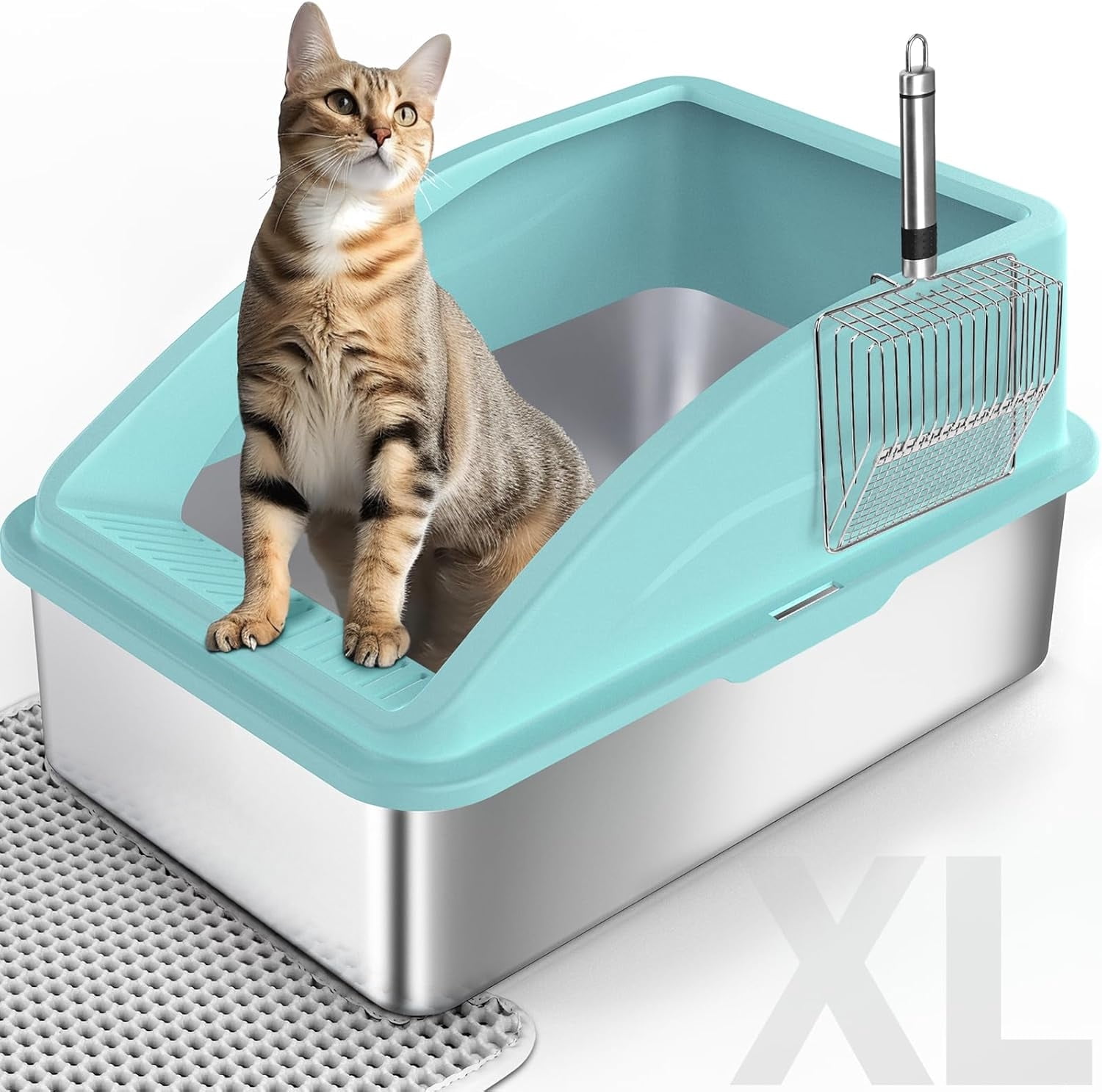 High Sided, Anti-Urine Leakage Stainless Steel Litter Box, XL Enclosed Cat Litter Boxes with Lid for Big Cats, Non-Stick Bottom, Includes Litter Mat & Metal Scoop