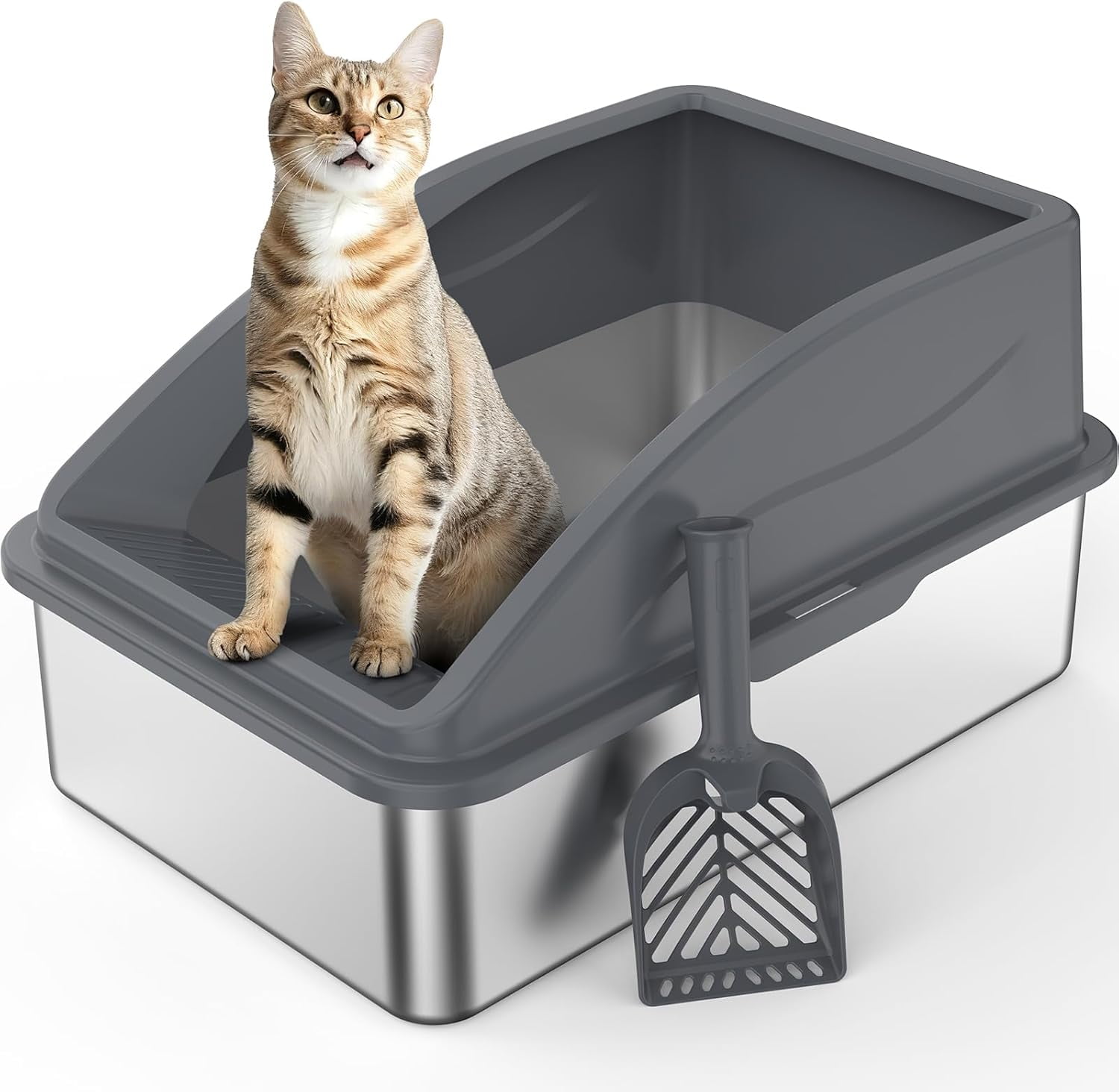 High Sided, Anti-Urine Leakage Stainless Steel Litter Box, XL Enclosed Cat Litter Boxes with Lid for Big Cats, Non-Stick Bottom, Includes Litter Mat & Metal Scoop