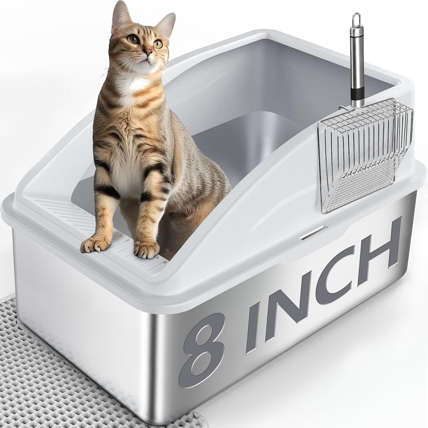 High Sided, Anti-Urine Leakage Stainless Steel Litter Box, XL Enclosed Cat Litter Boxes with Lid for Big Cats, Non-Stick Bottom, Includes Litter Mat & Metal Scoop