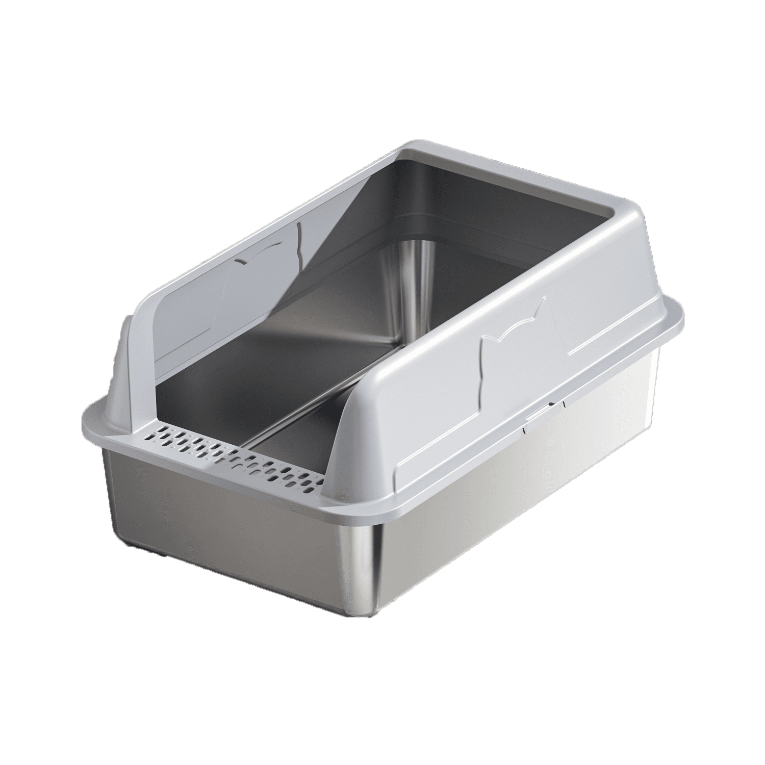 High-Sided Stainless Steel Open-Top Cat Litter Box, Silver and Grey