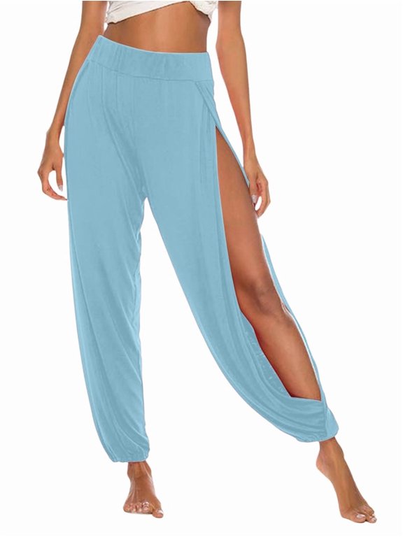 High Slit Harem Pants Women Hippie Harem Pants Trousers Light Blue L