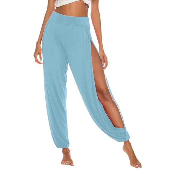 High Slit Harem Pants Women Hippie Harem Pants Trousers Light Blue M