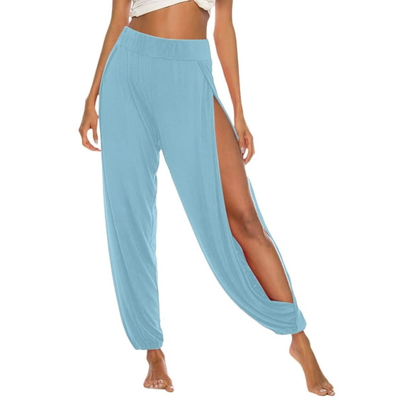 High Slit Harem Pants Women Hippie Harem Pants Trousers Light Blue S