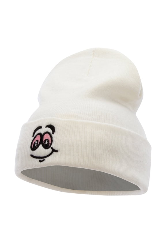 High Smile Eyes Embroidered 12 Inch Long Kintted Beanie - White OSFM