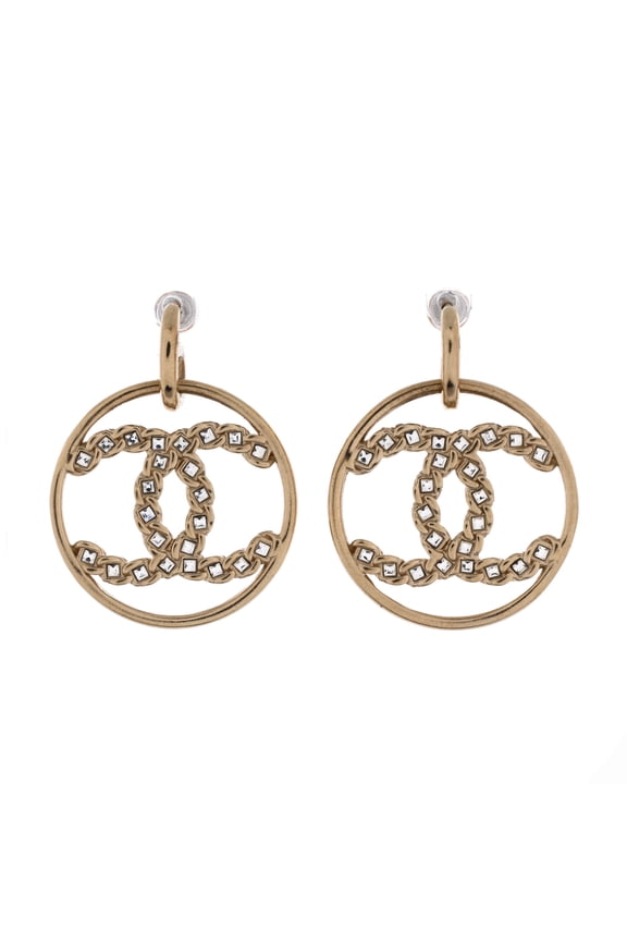 High Society CC Dangle Hoop Earrings Metal with Crystals By Rebag