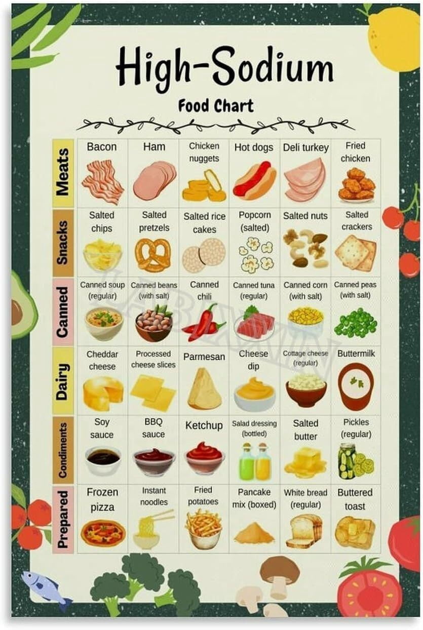 High Sodium Food Chart Poster Healthy Diet List Guide Kitchen Decor ...