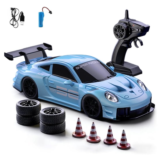 High-Speed 1:20 4WD Drift RC Car with Gear Shift, Dual Tire Set & LED Lights for Teens Adults Hobbyists, Cyan-1 Battery