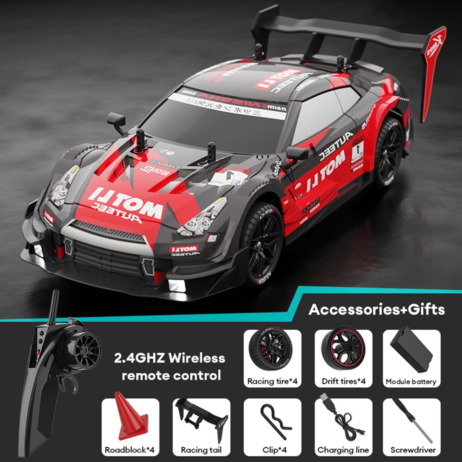 1:24 Scale Remote Control Car, 4WD High-Speed Drift RC Car with LED Lights, All-Terrain Off-Road Vehicle for Adults