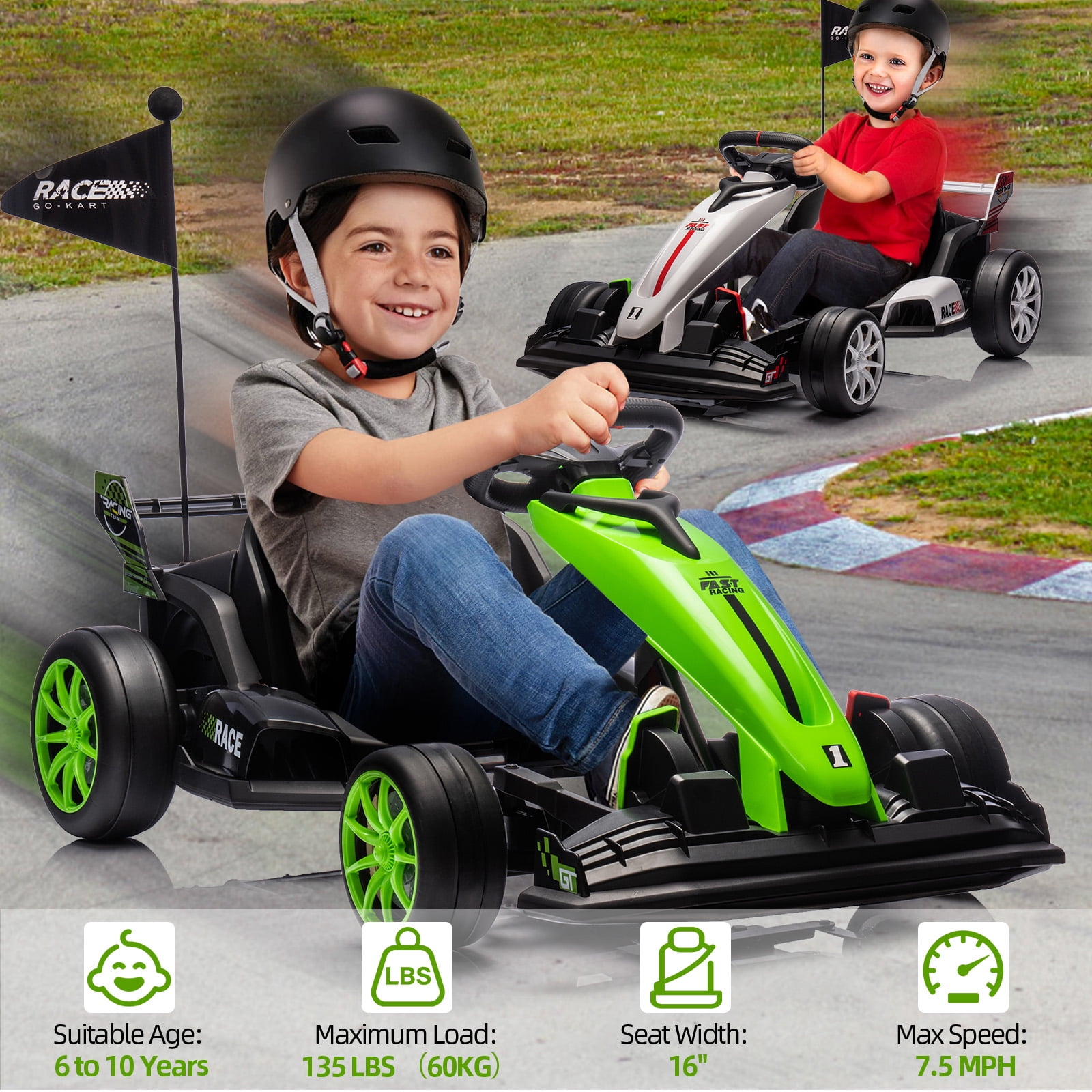 Adjustable Racing Seat High-Speed 24V Electric Drifting Go Kart for Kids Ages 6-12 – Dual 200W ...