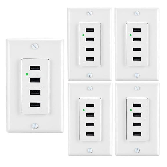 High Speed 4 USB Port Charging Wall Outlets and LED Bule Light with 2 Types Wall Plates(satndard & screwless), USB Charger Outlet, Auto-Identify Charging Current, White, UL Listed (5 Pack)
