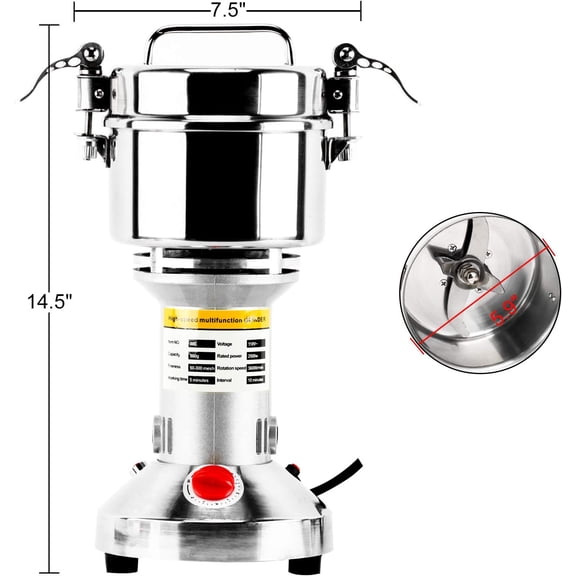 High Speed 500g Electric Grain Mill Grinder Powder Machine Spice Herb Grinder 2500W 70-300 Mesh 36000RPM Stainless Steel Commercial Grade for Kitchen Herb Spice Pepper Coffee (500g)