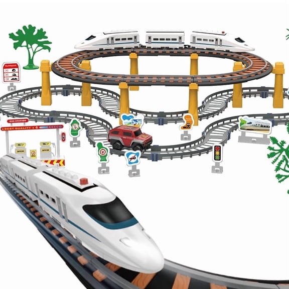 High Speed Bullet Train & Off-Road SUV Dual Track Set, Multi-Level DIY City Railway Puzzle with Bridge, Traffic Signs & Gas Station,Educational Birthday Toy for Boys Girls Age 3+