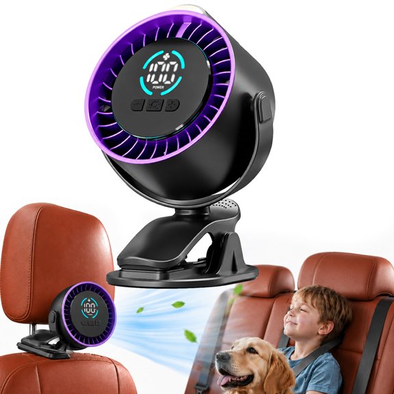 High Speed Clip on Fan with LED Display, Car Seat Fan for Backseat for Kids, USB Rechargeable Car Clip on Air Conditioner Fan with LED Night Light, 100-Speed, 720° Rotation Adjustment