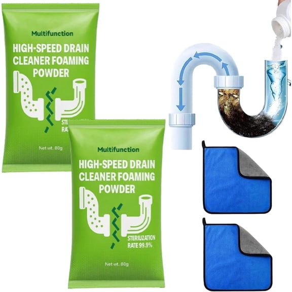 High-Speed Drain Cleaner Foaming Powder, Powerful Pipe Unclogger for Kitchen Sink, Shower & Bathtub, Dissolves Hair, Grease, Soap Scum, Safe for PVC & Metal Pipes, Quick Clean Solution