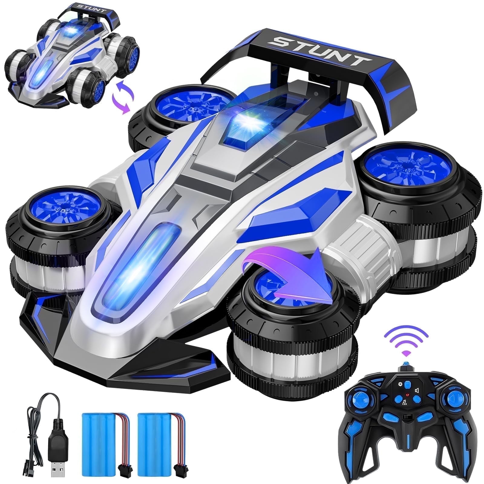 Remote Control Car High Speed Drift RC Car with Lights & Music Stunt Car for Kids Christmas Birthday Gifts 2Batteries